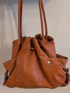 Fossil Cognac Orange/Brown Pebbled Leather Drawstring Shoulder Bag